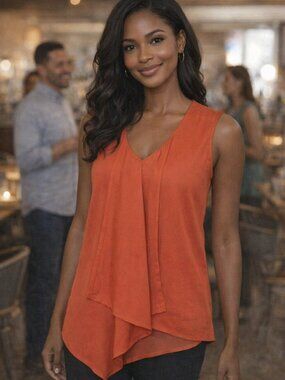 Essentials by Milano V neck sleeveless asymmetrical tangerine crepe top Sz 14